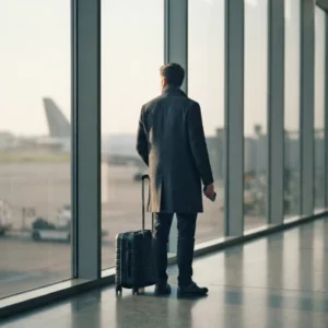 Homem com mala de viagem junto a uma janela de aeroporto, com um avião ao fundo