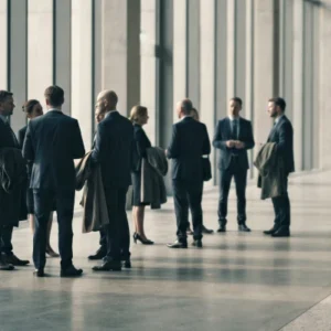 Grupo de profissionais em conversa num átrio corporativo
